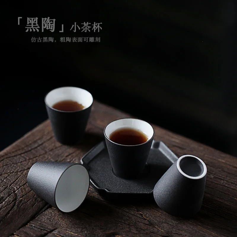 Tea Cup Ceramic Kung Fu Teacup Retro Black Pottery Small Teacup Stoneware Tea Set Teaware Kitchen Dining Bar Home Garden