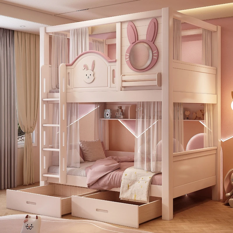Rabbit Pink High and Low Bed Children's Storage Drawer Small Apartment Bunk Bed bedroom Convertible lit superposé home furniture