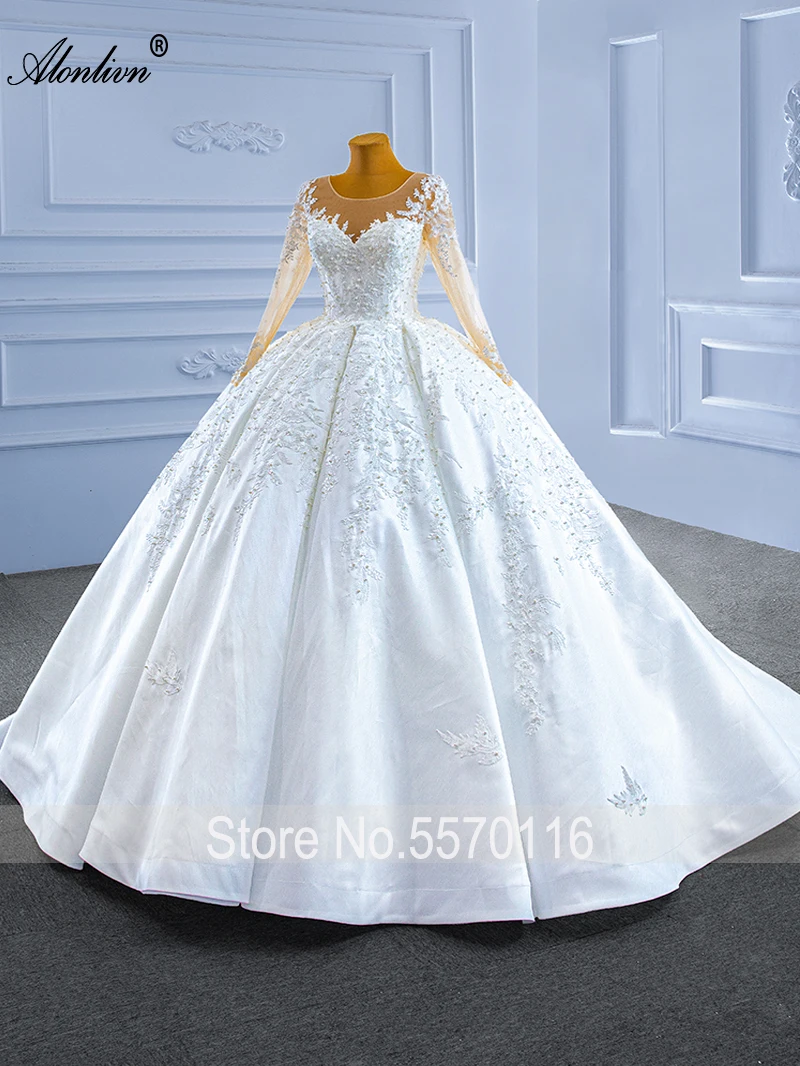 Alonlivn Real Photo O-neck Princess Ball Gown Wedding Dresses With Luxury Satin Beading Pearls Appliques Bridal Skirts Lace Up