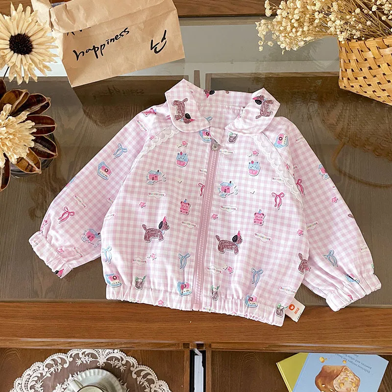 

Пальто для девочек, верхняя одежда, осень 2024, новинка для маленьких принцесс, детские клетчатые топы с лацканами с мультяшным принтом, куртки для детской милой одежды