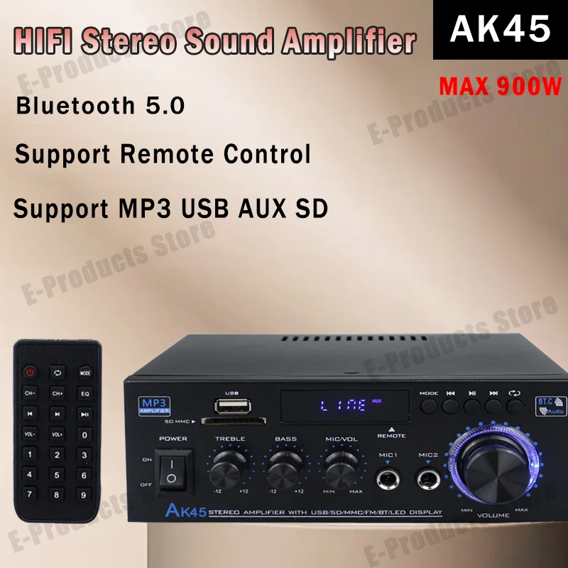 AK35/AK45 800W Power Amplifier 2 Channel Bluetooth Mini Hifi Sound Amplifiers For Home Cinema Karaoke Support FM USB SD Mic AMP