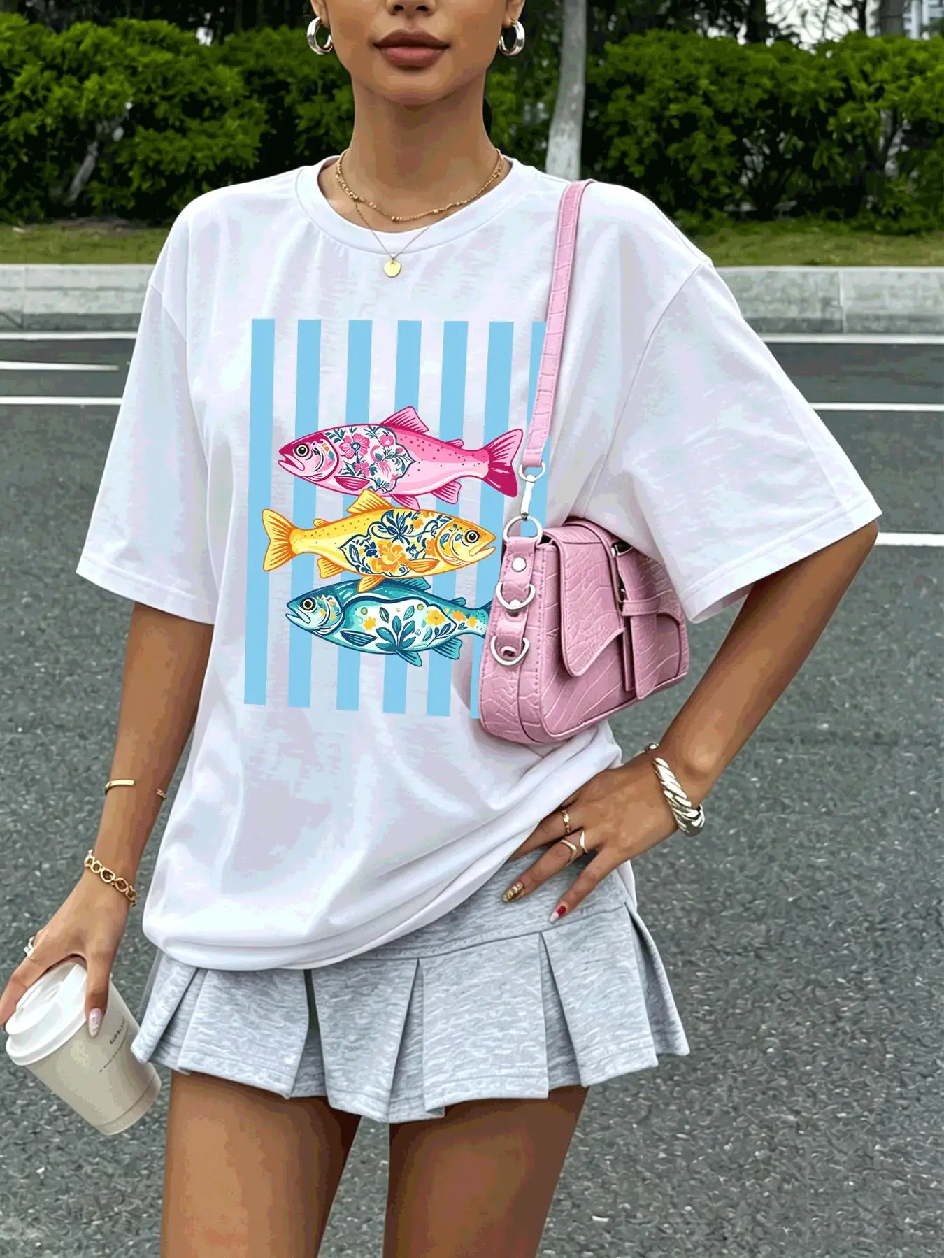 Pastel Ocean Fish Print Women T Shirt Sports Casual T-Shirts Cotton Summer Sportswear Loose Crewneck Female Short Sleeve