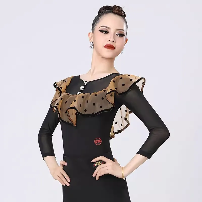 

Elegant Modern Dance Performance Clothing Classic Round Neck Women's Latin Dancewear Blouse High-end Ballroom Waltz Dance Tops