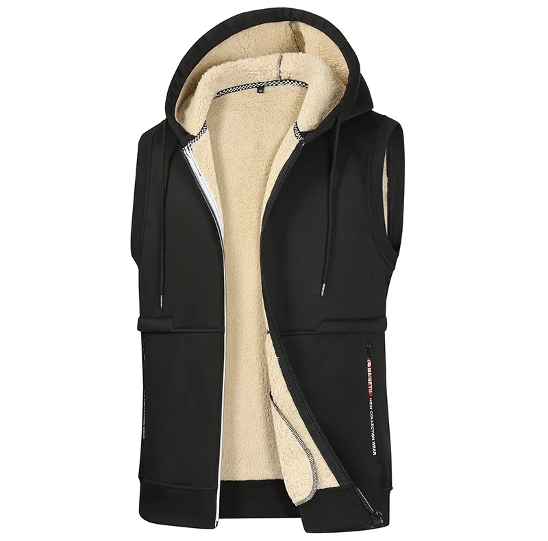 เสื้อกั๊กมีฮู้ดบุขนแกะหนานุ่มคุณภาพสูงสำหรับผู้ชาย ฤดูใบไม้ร่วง ฤดูหนาว