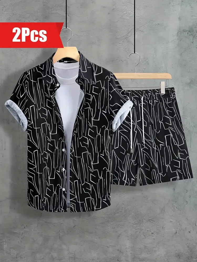 

2025 New Men's Short-sleeved Shirt And Beach Shorts Set Summer Casual Men's Short-sleeved Shirt Outdoor Sports Men's Shorts