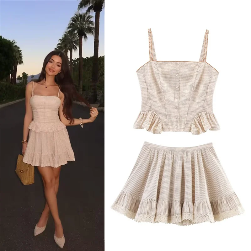 

Women's Suits New Summer 2025 Stacked Plaid Camisole Top Mini Pleated Skirt Set Lively and Sexy Personality and fashion