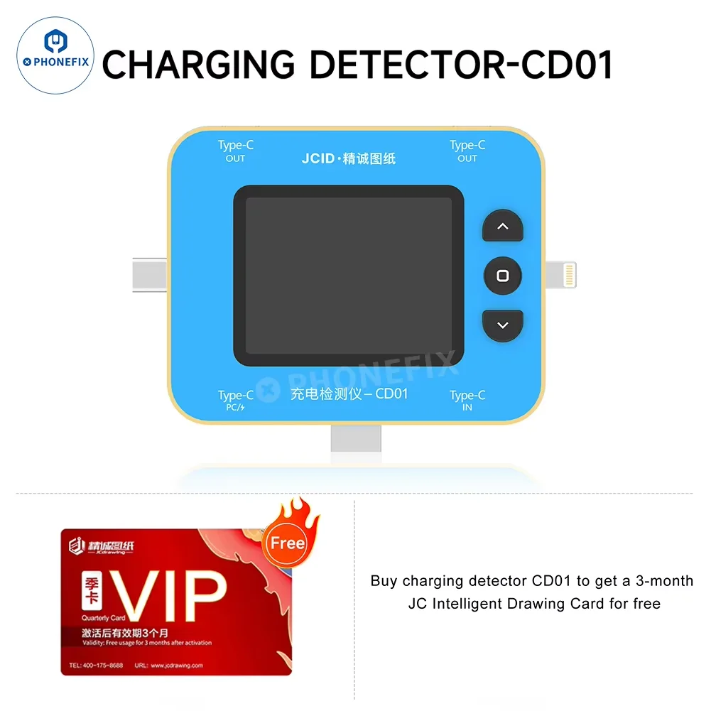 JCID CD01 Charging Tester Type-C/USB 3.0 Power Supply Port Used With JC Drawings Smart Fault Diagnosis for iPhone Android Phone