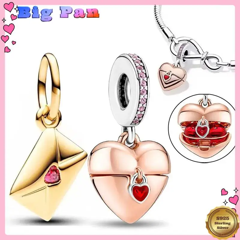 

Sterling Silver S925 Heart Envelope Gold Charms Beads Fit Original Bracelet Pendent For Women Fine Jewelry Diy Gift 2025