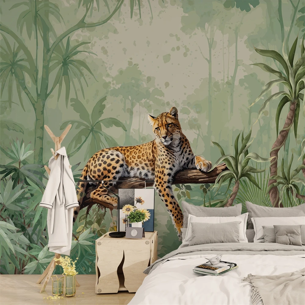 

Custom Southeast Asia leopard wallpaper for living room background Palm tree wall papers home decor Retro animal Wall stickers