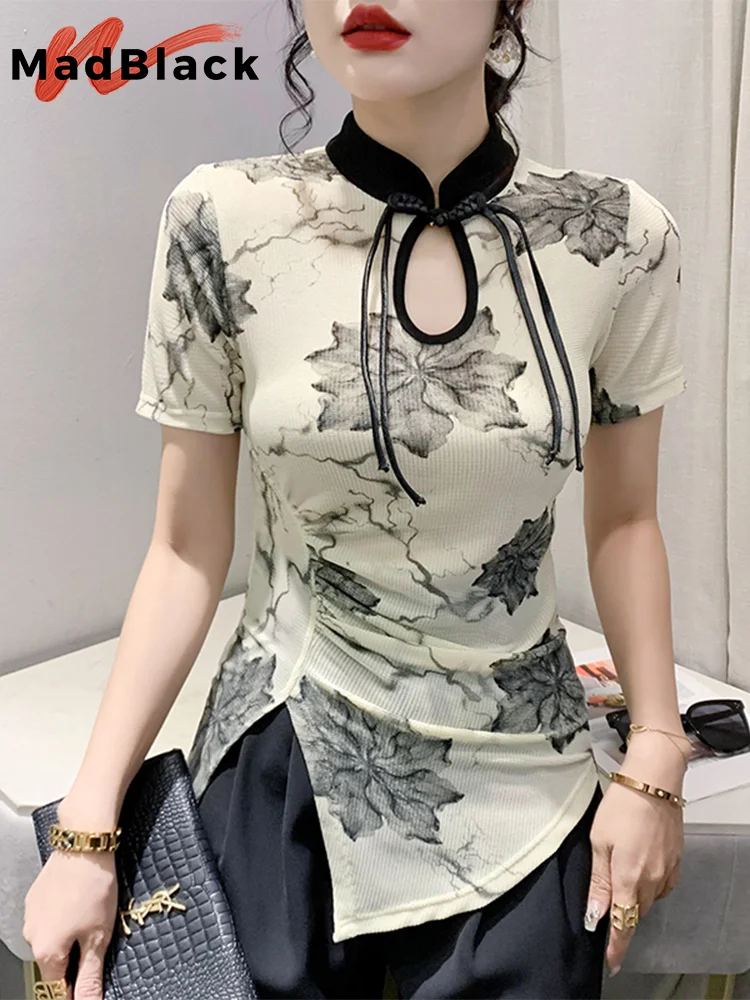 Madblack Zomer Europese Kleding T-Shirt Vrouwen Retro Onregelmatige Inkt Schilderij Chinese Stijl Tops Korte Mouw T-Shirts 2023 Newt 34623M