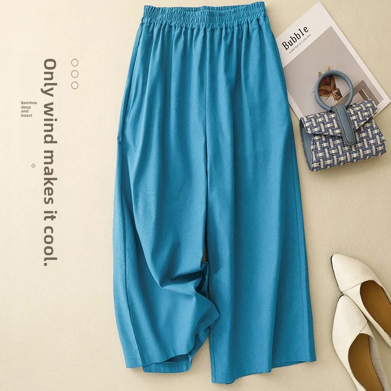 Pantalones de pierna ancha de lino de algodón para mujer, pantalones casuales sueltos de verano para ir al trabajo, pantalones drapeados de lino de siete cinco, pantalones versátiles de ocho puntos...