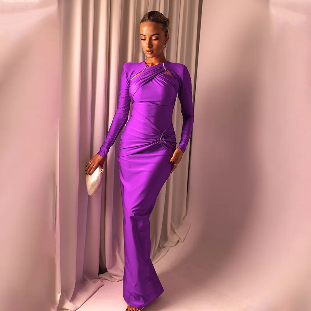 

New Style Women's Round Neck Sleeve Sexy Slim Fit Gathered Long Elegant Fashion Dress