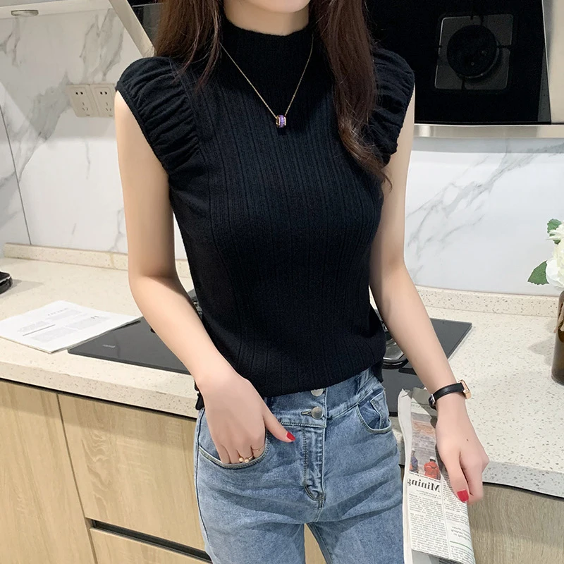 New Knitted Women Tanks Korean Folds Slim Half High Collar Female Pullover Elegant Office Sleeveless Ladies Casual Tops