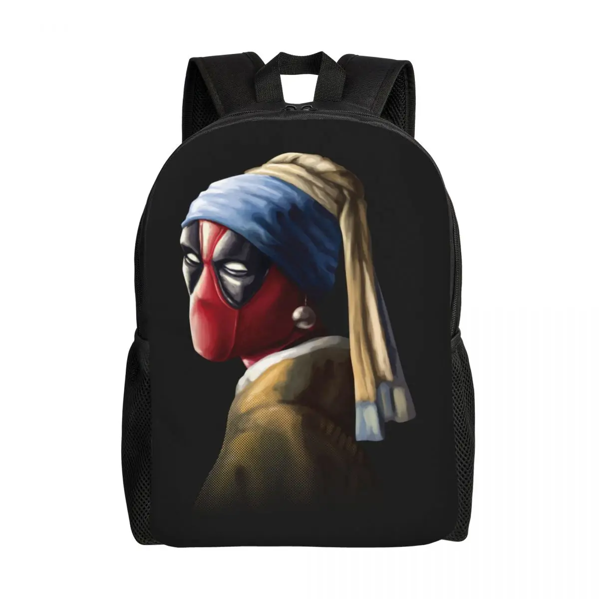 Custom Funny Superhero With A Pearl Earring Backpack for Women Men College School Students Bookbag Comics Deadpool Bags