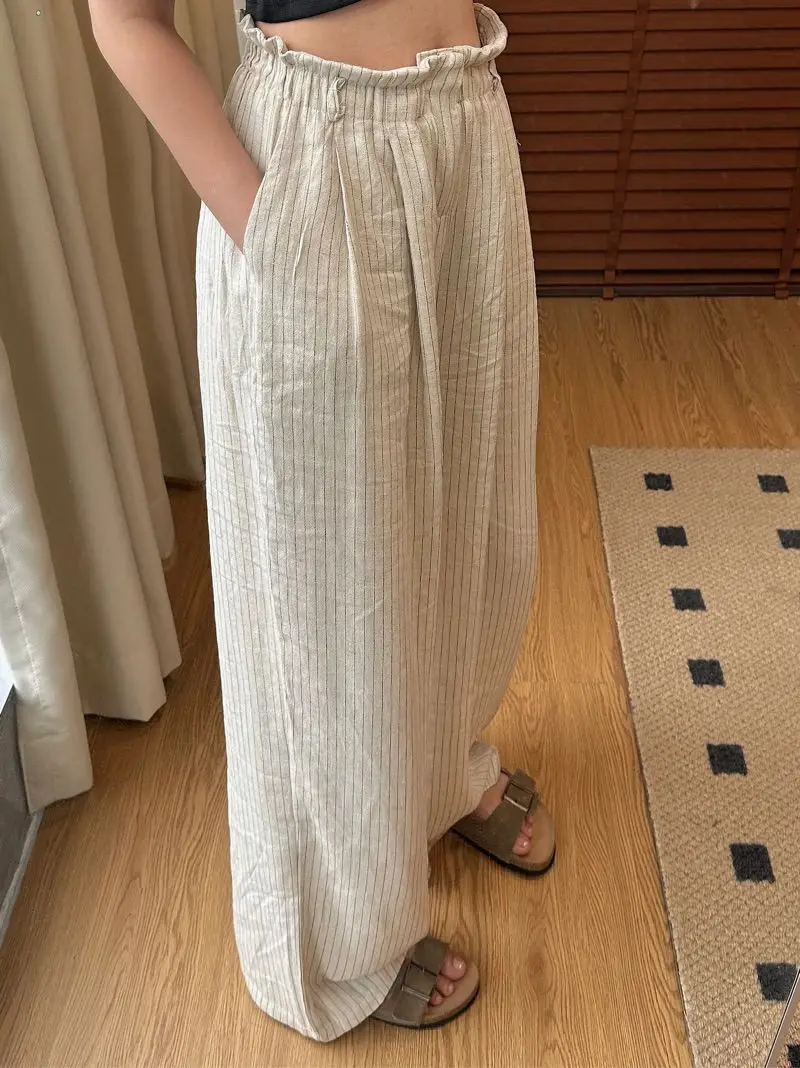 

Relaxation Pants Made Of Linen, High Waisted, Elastic, Comfortable, Breathable, Wide Leg Pants, Women's Striped Casual Pants