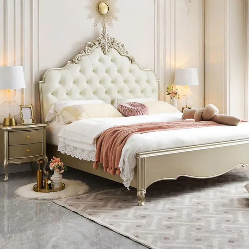 

Wooden Frame Double Bed Headboard Luxury Shelves Twin Queen French Bed 150x200 King Size Cama Matrimonial Bedroom Furniture