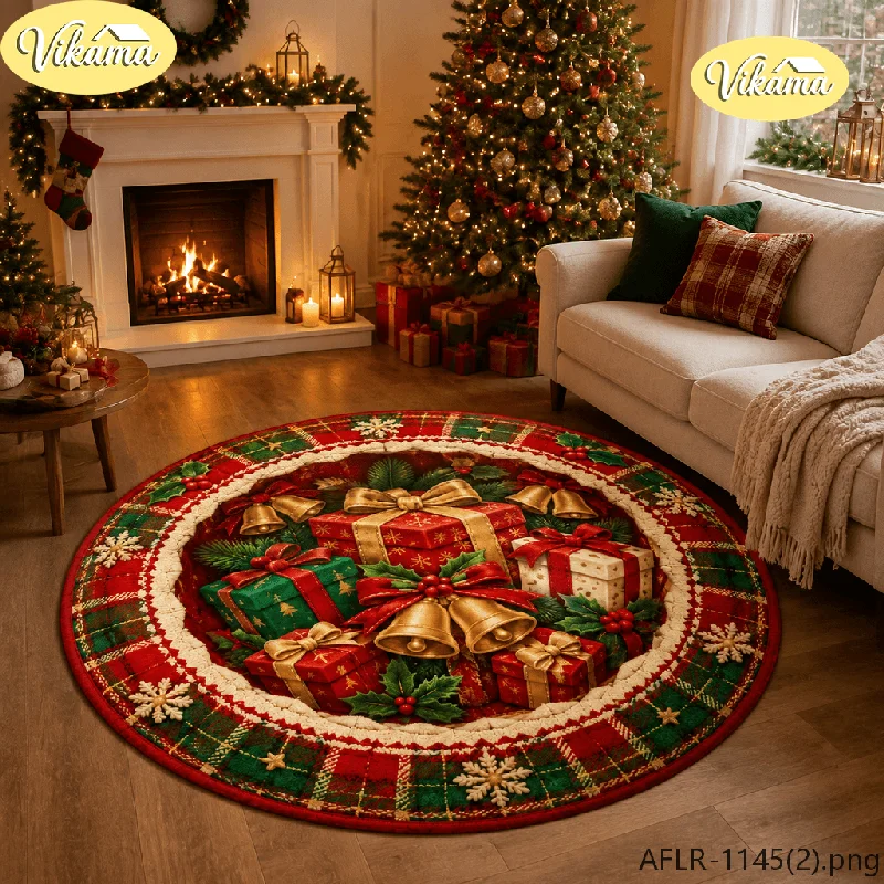 VIKAMA 3D Gift Boxes Christmas Round Rug Quilted Print Round Non Slip Mat For Living Room Bedroom Holiday Illusion Festive Decor