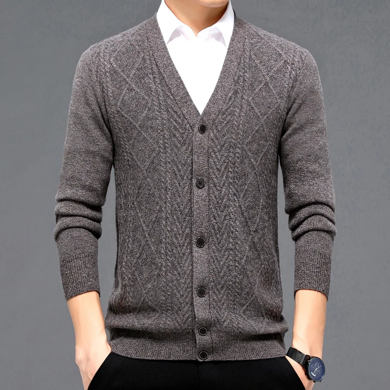 

Men's Cardigan Pure Wool Autumn and Winter New V-neck Thickened Jacquard Korean Casual Men's Knitted Wool Cardigan Jacket