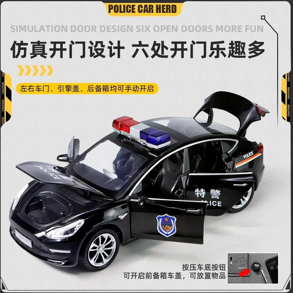 Coche de policía Tesla modelo 3, vehículo de alta simulación, fundido a presión, aleación de Metal, colección de juguetes para niños, regalos, 1:24