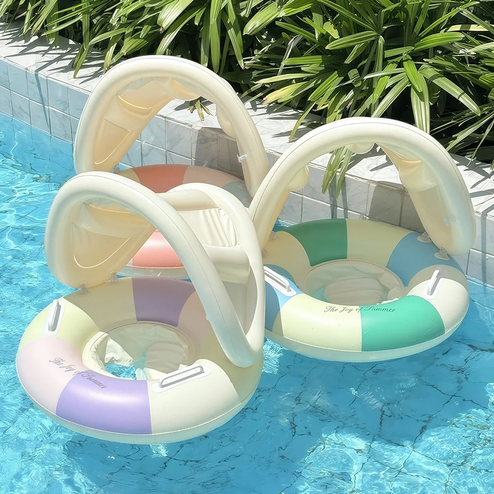 2026 Summer Beach Party Kids Swimming Ring Removable Sunshade Color Block Infant Baby Seat Float INS Viral Water Sitting Ring