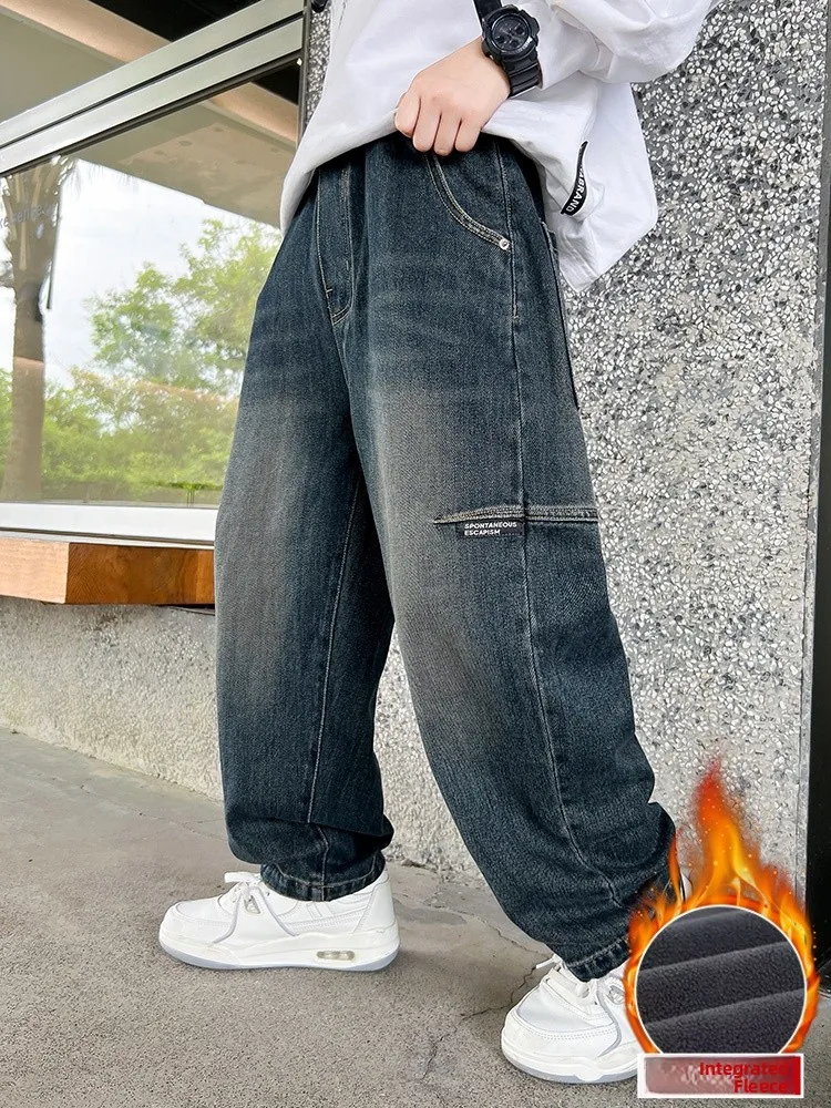 Thickened Fleece Boys Jeans High Waist Wide Leg Pants Winter Warm Trousers for Kids 7-14 Years Old  Integrated Design