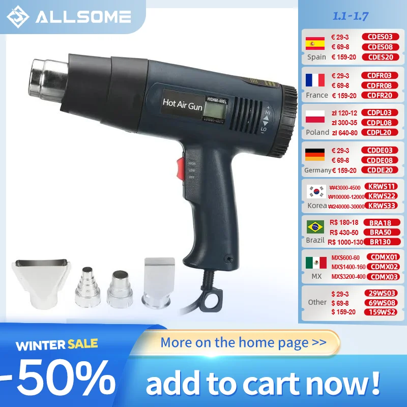 ALLSOME 220V 2000W Hot Air Guns Heating Machine Heat Hot Air Machine Dual Temperature With 4 Nozzles