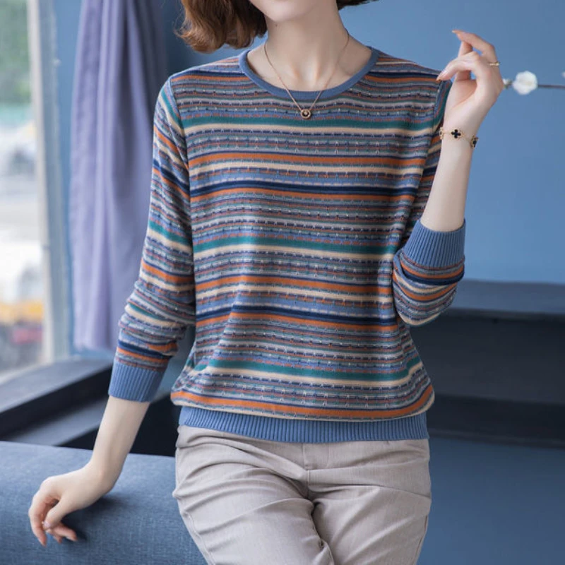 Autumn Women Stripe Print Thin Sweater Loose Knitted Sweater Casual Pullover Jumpers 2022 New Female O Neck Bottom Tops Elegant