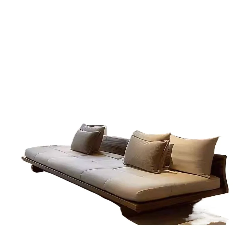 Modern simple black walnut sofa new Chinese zen solid wood villa high-end leather hotel bed and breakfast furniture