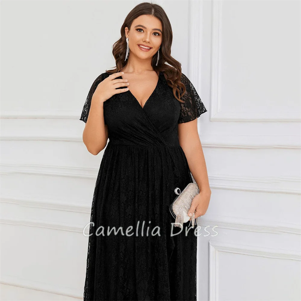 Elegant A Line Evening Dresses Ruffled V Neck Prom Dresses Short Sleeve Lace Formal Dresses Vestidos De Fiesta فساتين السهرة