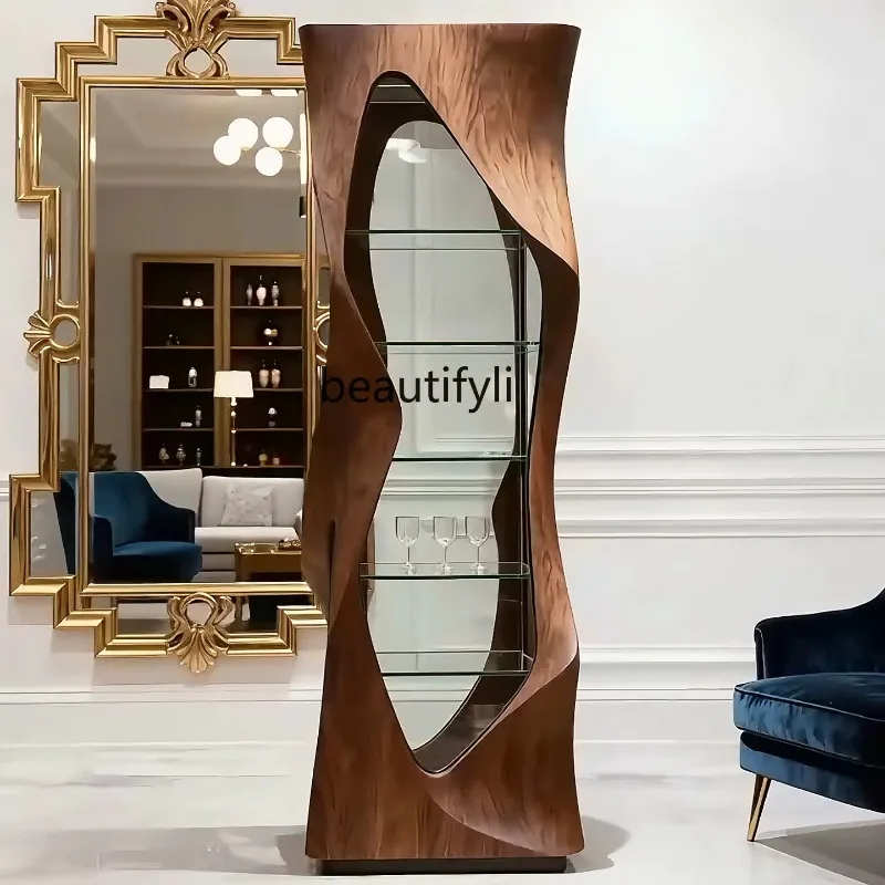 

D2520 Italian Minimalist Black Walnut Wine Cabinet Irregular Decorative Cabinet Living Room Solid Wood Glass Decorative Cabinet
