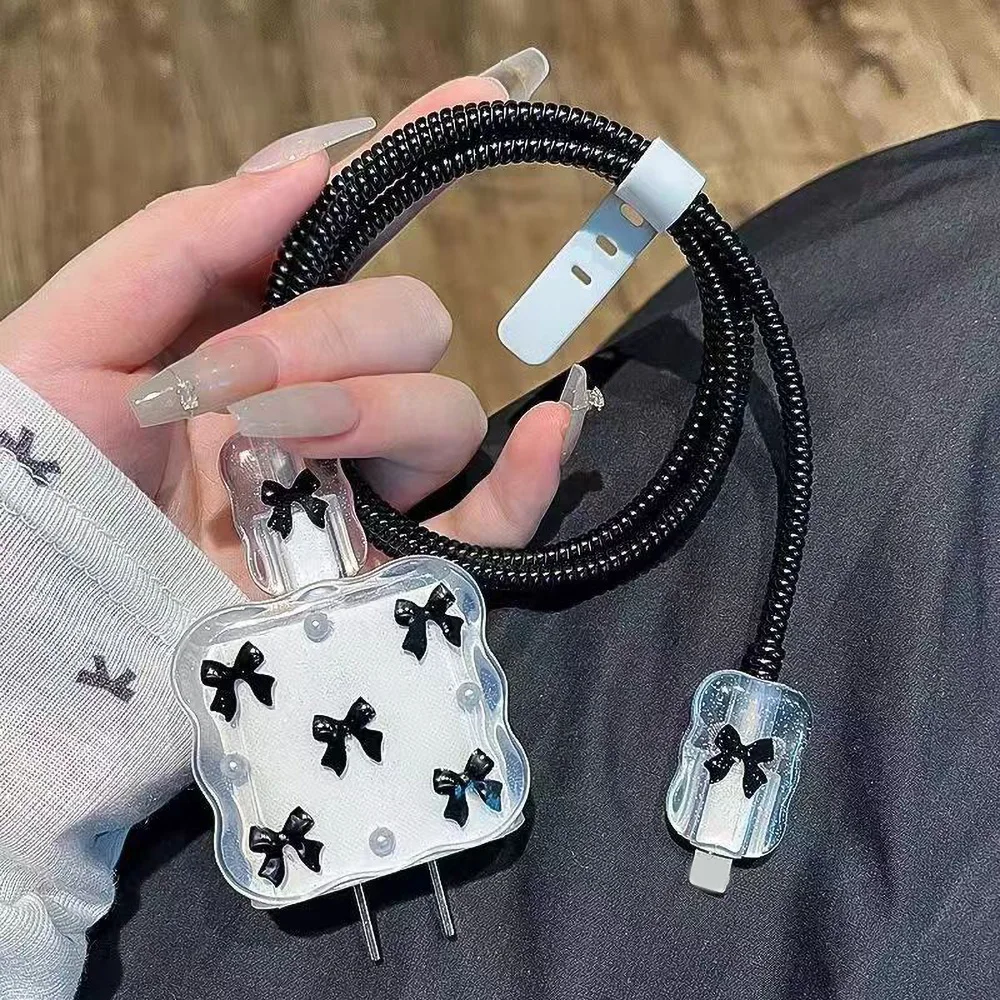 Cute Bowknot USB Cable Protector Cover For Apple iPhone 18W 20W Charger Anti Scratch Protective Case Data Cable Cord Winder Kit