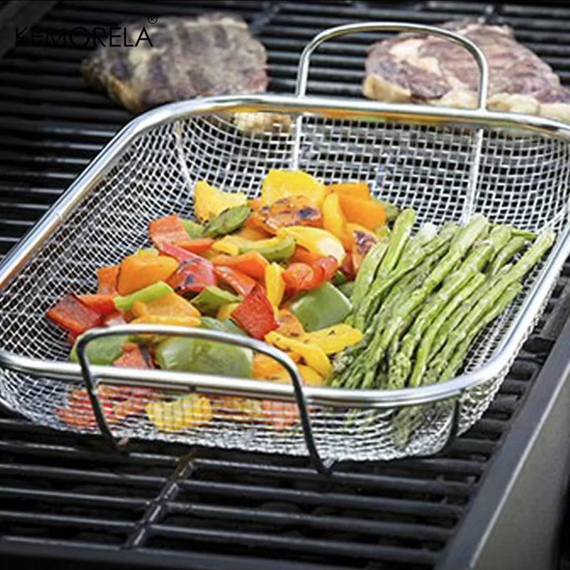 KEMORELA Stainless Steel BBQ Vegetable Basket Square Grill Drain Frying Outdoor Cookware for Charcoal Barbecue 1 Piece