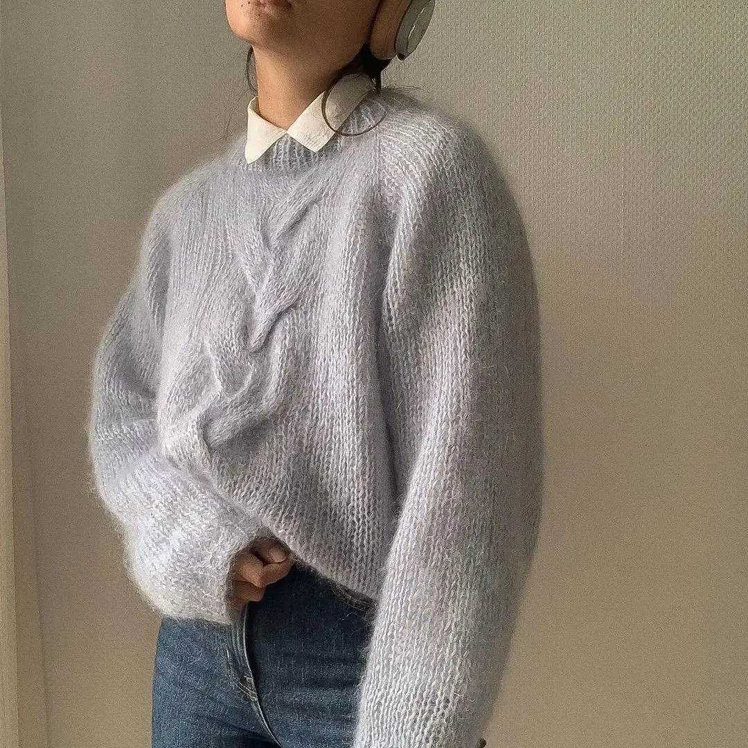 2024 Spring Fashion New Product Pure Handwoven Light Blue Round Neck Sweater Pullover Mohair Long sleeved Top Knitted Fabric