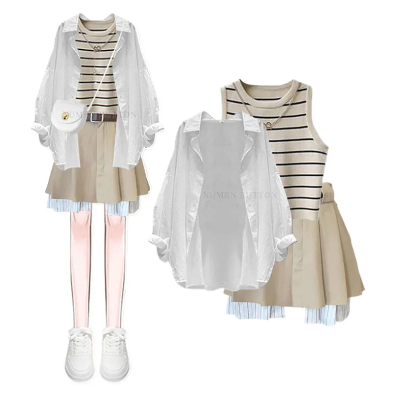 Spring/Summer Set Women\'s New Korean Edition Slim and High End White Shirt Striped Tank Top Half Skirt Three Piece Set