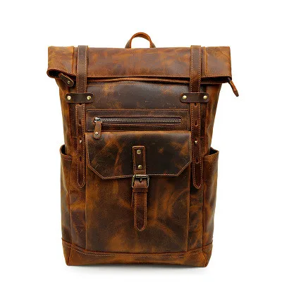 new unisex roll top rucksack 16-inch laptop bag large-capacity travel backpack retro leather backpack