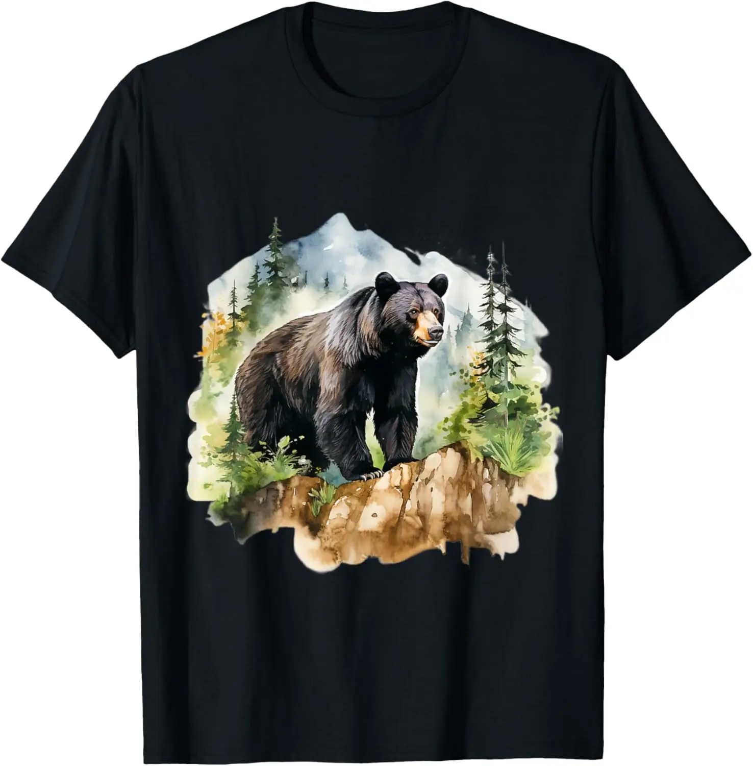 

Black Bear Watercolor Landscape Graphic Tee Breathable Cotton Short Sleeve Trip T-Shirt