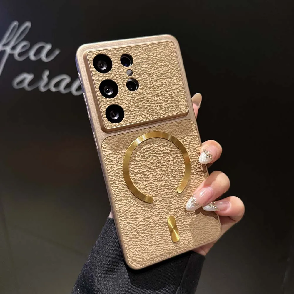 PU Leather Pattern Aurora Magnetic Case for Samsung S26 S25 S24 Plus Ultra FE Large Window Lens Shockproof Mag-safe Soft Cover