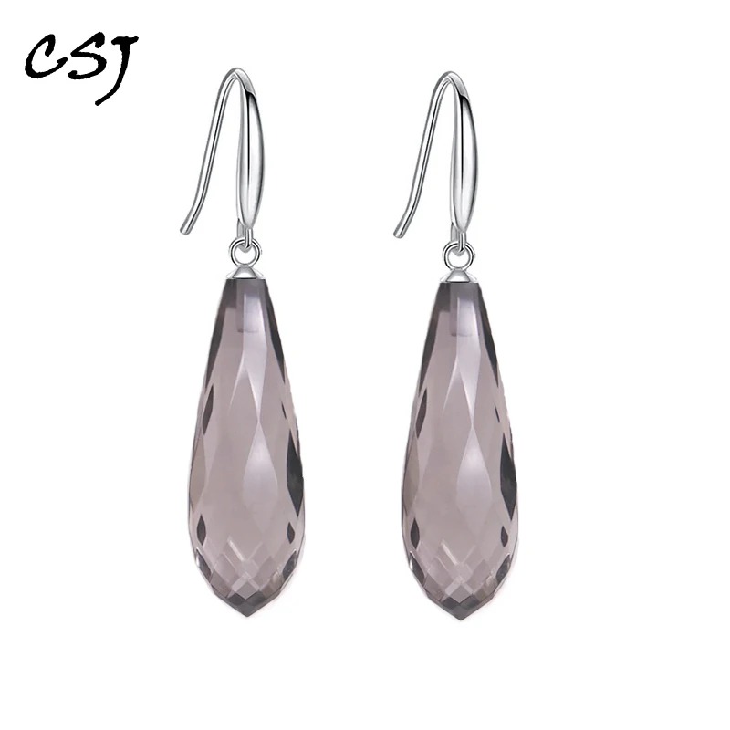 

CSJ Elegant Natural Smoky Quartz Earrings Sterling 925 Silver Water Drop 8*23mm for Women Party Birthday Jewelry Gift