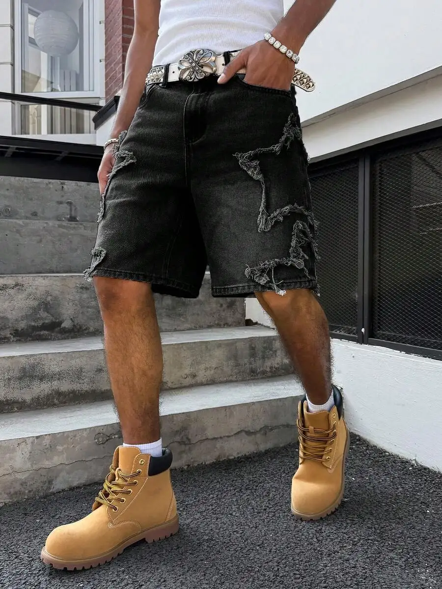 EMRG Men's American Hip-Hop Street Style Star Patch Frayed Hem Loose Wide Leg Denim Shorts