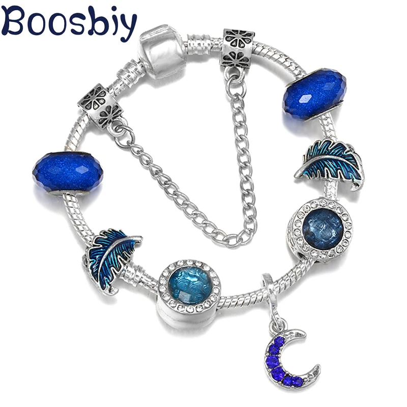 Hot Sales Dark Blue Sky Moon & Curly Feather Bead With Pendent DIY Charm Brand Bracelet Fashion Jewelry For Women & Kids Making