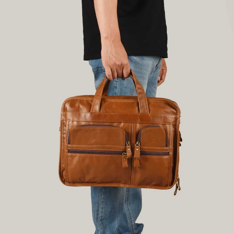 Men's Top Grain Leather Briefcase Water Resistant Convertible Laptop Bag Business Shoulder Crossbody