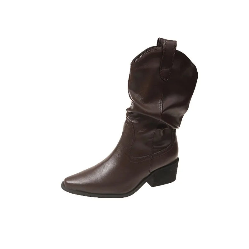 

Brown Chunky Heel Boots Women's New 2025 Pointed Toe Mid-Calf Western Cowboy Sle Summer Boots Faionable Retro
