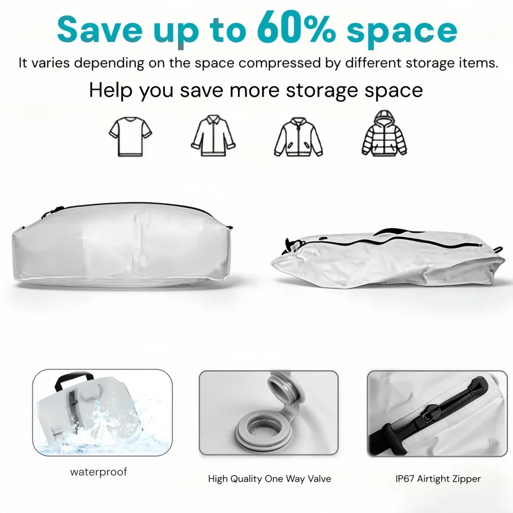 Travel Vacuum Storage Bags with Air Pump Professional Luggage Reusable Compression Bag Save 60% Space Storage Packaging（white）