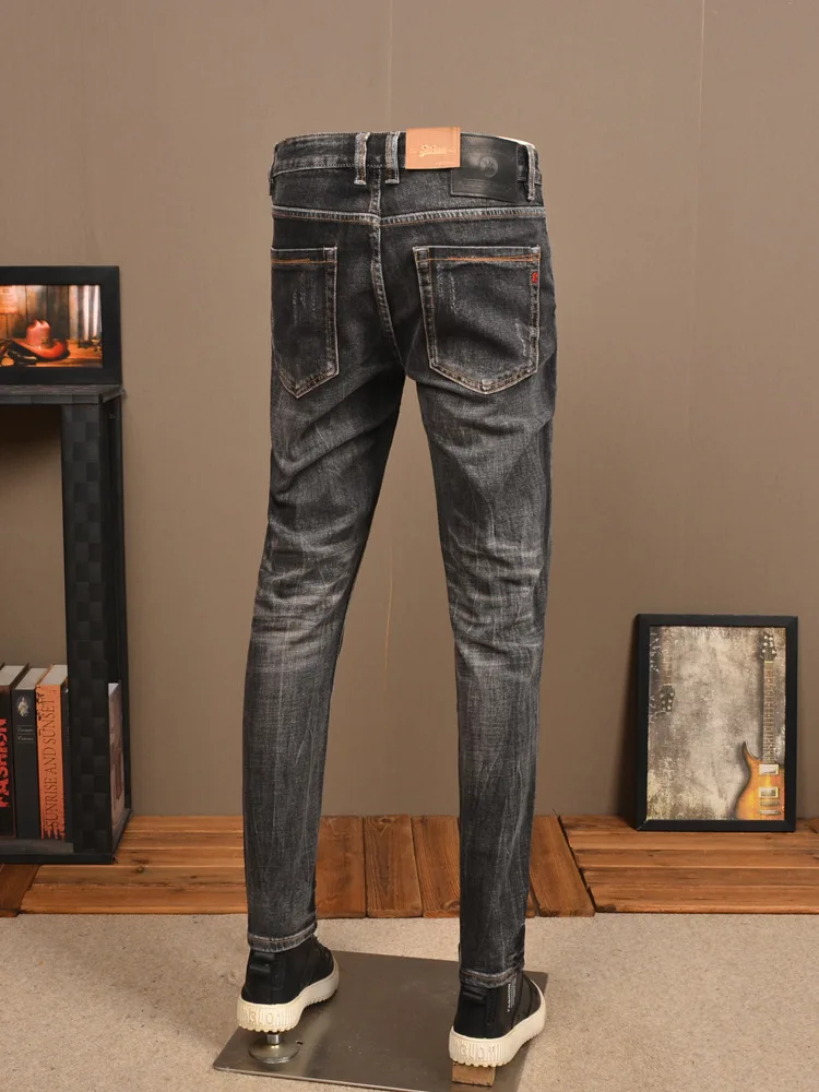 2024 New Spring Street Retro Black Jeans Men's Handsome Stretch Slim High-End Distressed Casual Trousers