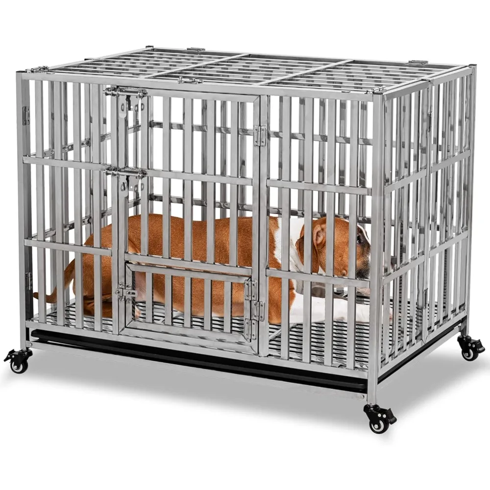 

42" Stainless Steel Dog Cage & Playpen - Heavy Duty, Indoor/Outdoor Kennel Crate for Large Dogs w/Double Doors/Locks, Lockable W