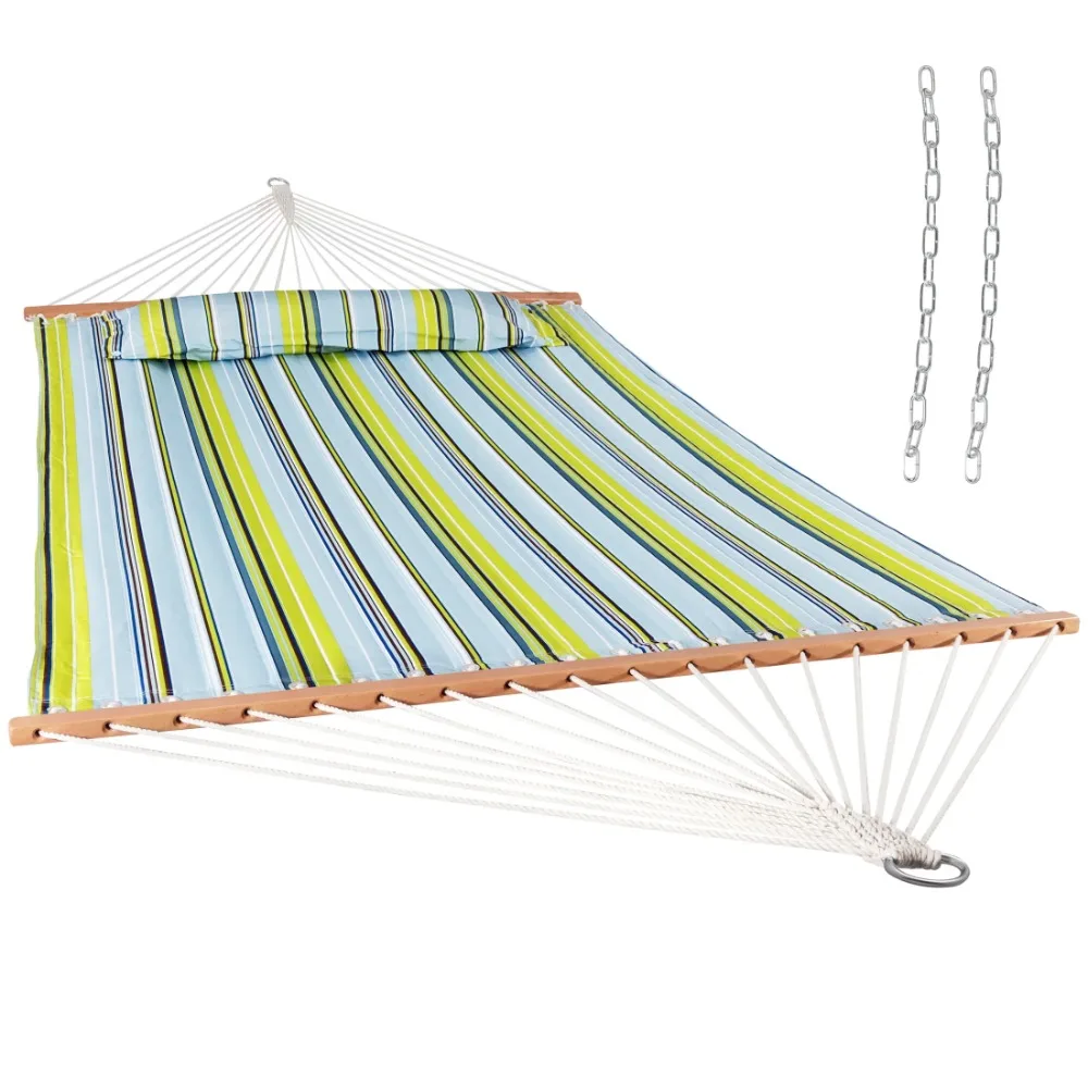 2-Person Quilted Polyester Spreader Bar Hammock, 450 lb Capacity - Blue and Green