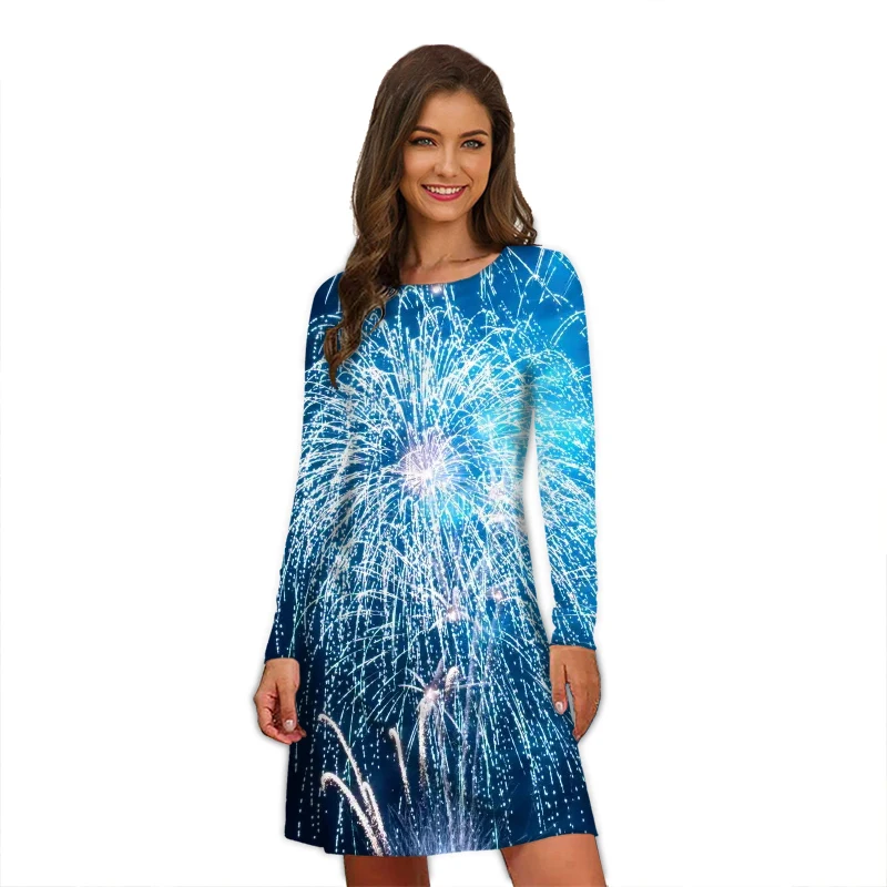 المرأة الألعاب النارية طباعة فستان حفلة ، فساتين طويلة الأكمام ، المتضخم ، عادية ، نمط الشارع ، الموضة ، أنيقة ، الخريف ، الشتاء #6