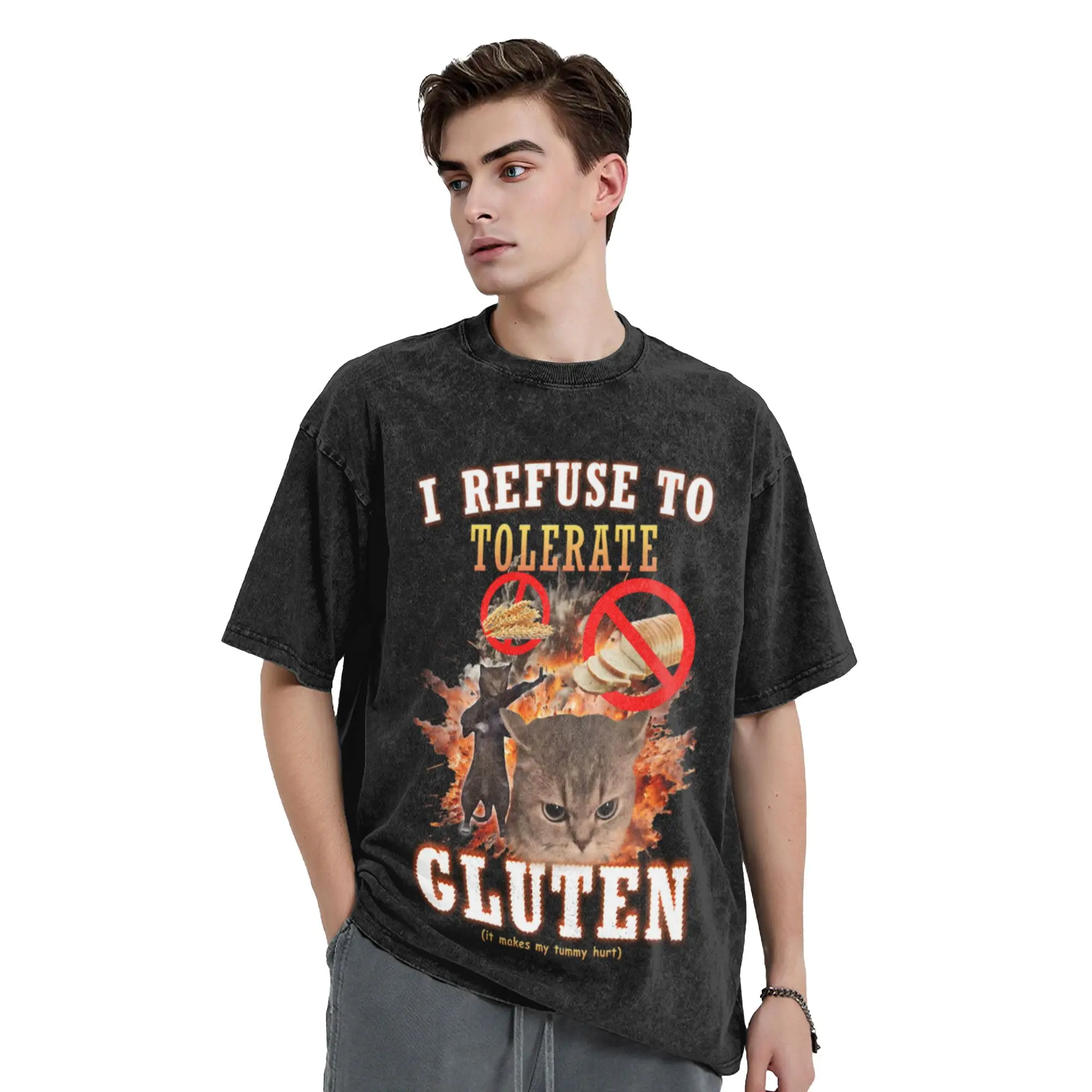 I Refuse to Tolerate Gluten Funny Cat Meme Unique Chic A T-Shirt Oversized Short Sleeve Men's Women's Cotton Tees Tops