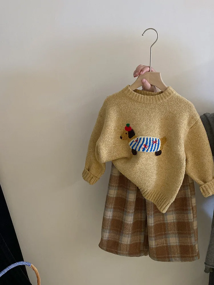 

Girls' Set 2025 Autumn/Winter New Children's Baby Knitted Sweater+Plush Checkered Pants Two Piece Set