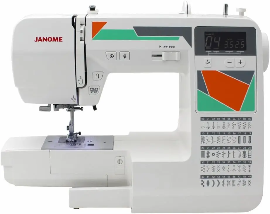 Компьютеризированная швейная машина Janome MOD-50 с 50 встроенными стежками, 3 одношаговых петли, подача отверстий и аксессуары красного цвета